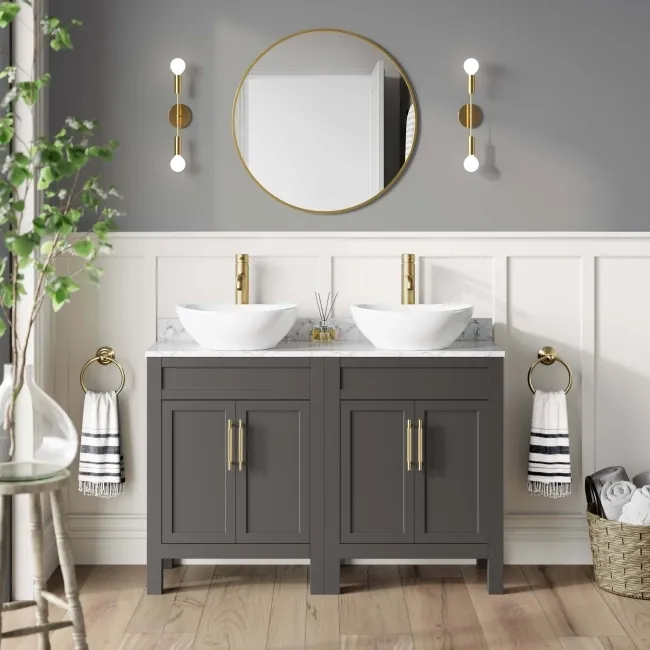Bermuda Graphite Grey Vanity with Marble Top & Oval Counter Top Basin 1200mm - Brass Knurled Handles