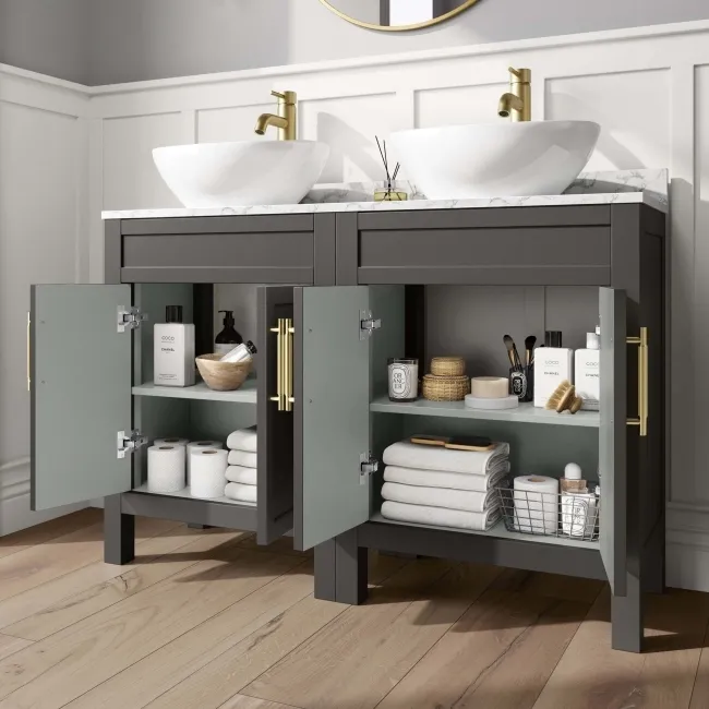 Bermuda Graphite Grey Vanity with Marble Top & Oval Counter Top Basin 1200mm - Brass Knurled Handles