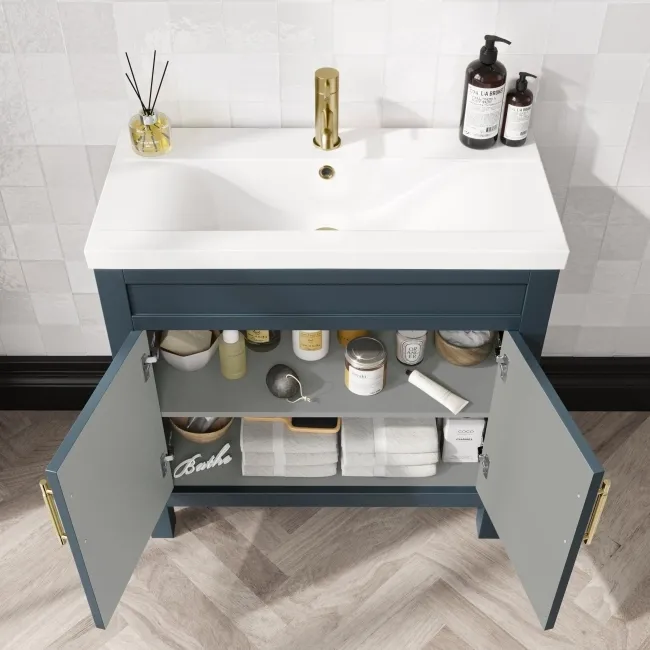 Bermuda Inky Blue Basin Vanity 800mm - Brass Knurled Handles