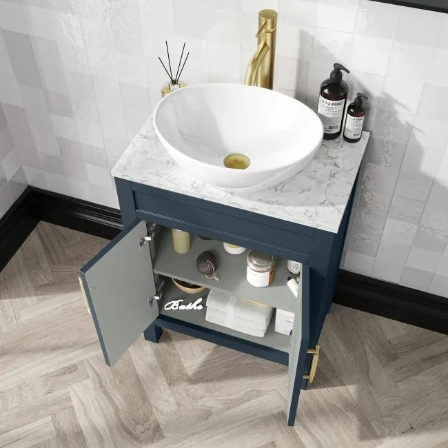 Bermuda Inky Blue Vanity with Marble Top & Oval Counter Top Basin 600mm - Brass Knurled Handles