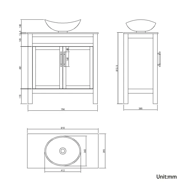Bermuda Inky Blue Vanity with Marble Top & Oval Counter Top Basin 800mm - Brass Knurled Handles