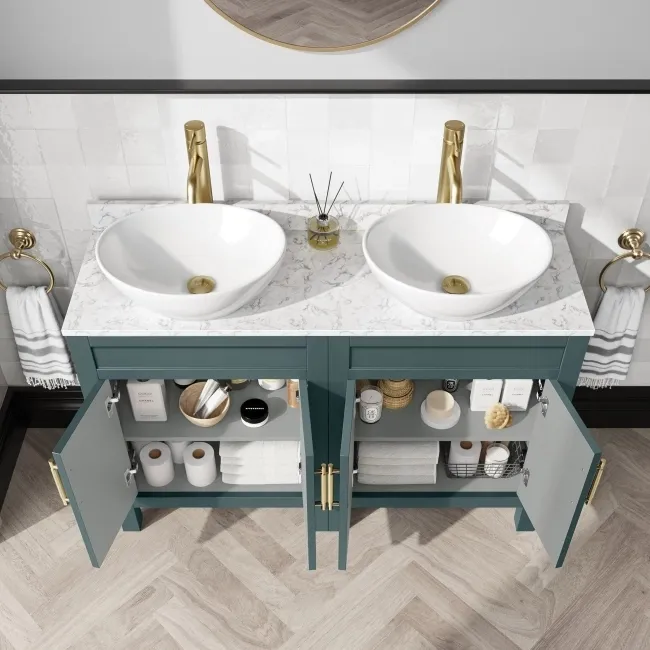 Bermuda Midnight Green Vanity with Marble Top & Oval Counter Top Basin 1200mm - Brass Knurled Handles