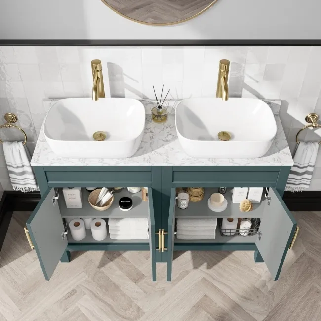 Bermuda Midnight Green Vanity with Marble Top & Curved Counter Top Basin 1200mm - Brass Knurled Handles