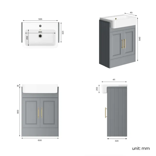 Monaco Dove Grey Basin Vanity 600mm - Brass Knurled Handles
