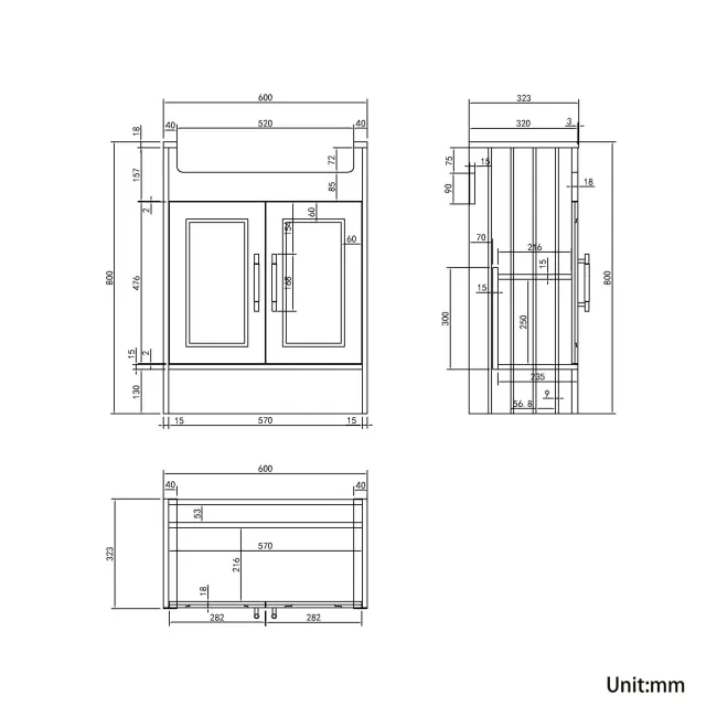 Monaco Dove Grey Traditional Basin Vanity 600mm - Brass Knurled Handles