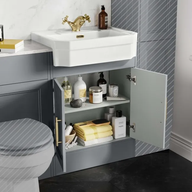 Monaco Dove Grey Combination Vanity Traditional Basin with Marble Top 1200mm (Excludes Pan & Cistern) - Brass Knurled Handles