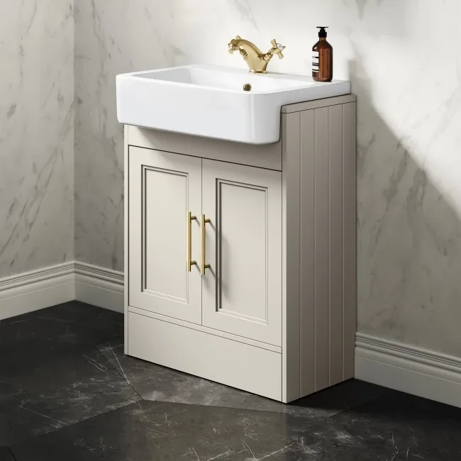 Monaco Chalk White Basin Vanity 600mm - Brass Knurled Handles