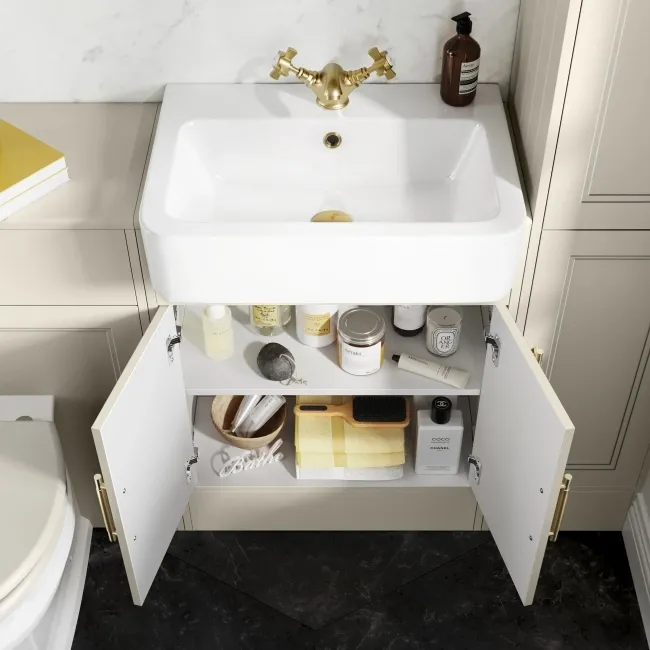 Monaco Chalk White Basin Vanity 600mm - Brass Knurled Handles