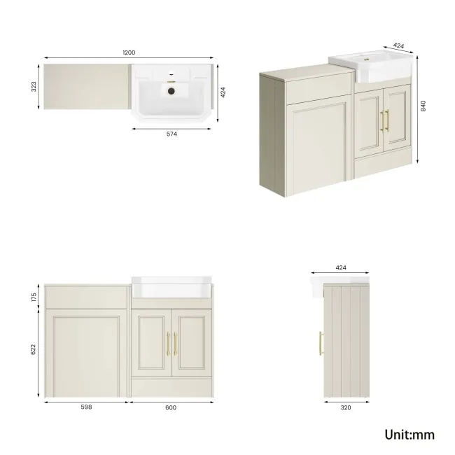 Monaco Chalk White Traditional Basin Vanity and Back To Wall Unit 1200mm (Excludes Pan & Cistern) - Brass Knurled Handles