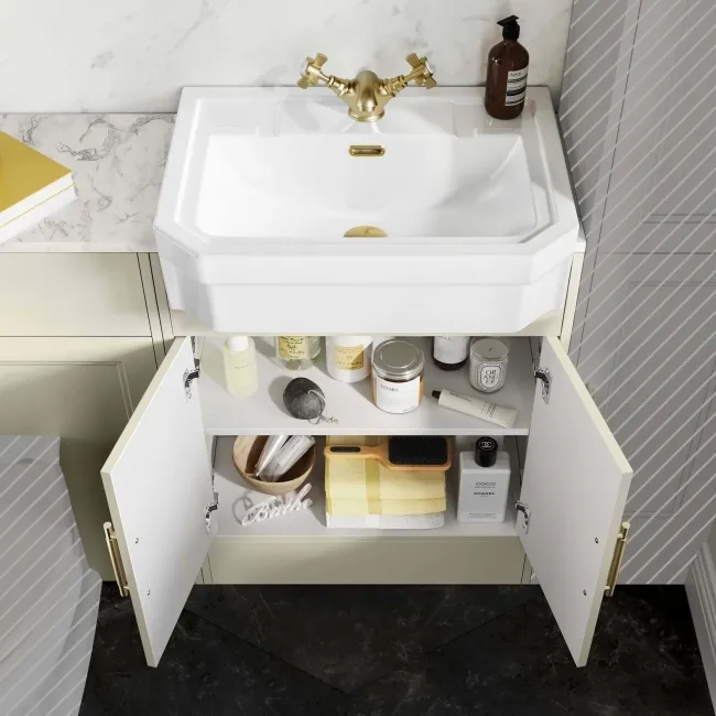 Monaco Chalk White Combination Vanity Traditional Basin with Marble Top 1200mm (Excludes Pan & Cistern) - Brass Knurled Handles