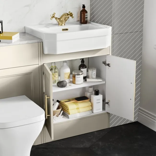 Monaco Chalk White Combination Vanity Traditional Basin with Marble Top & Atlanta Toilet 1200mm - Brass Knurled Handles