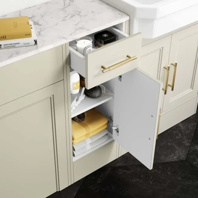 Monaco Chalk White Combination Vanity Traditional Basin with Marble Top 1500mm (Excludes Pan & Cistern) - Brass Knurled Handles