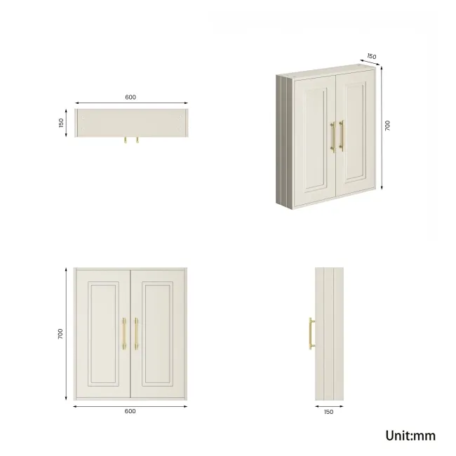 Chalk White Wall Hung Cabinet 700x600mm - Brass Knurled Handles