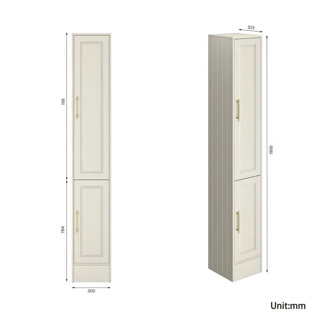 Monaco Chalk White Floor Standing Tall Cabinet Unit 300mm - Brass Knurled Handles