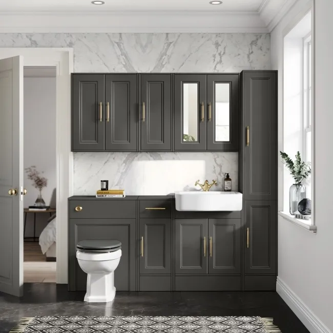 Monaco Graphite Grey Basin Vanity and Back To Wall Unit 1500mm (Excludes Pan & Cistern) - Brass Knurled Handles