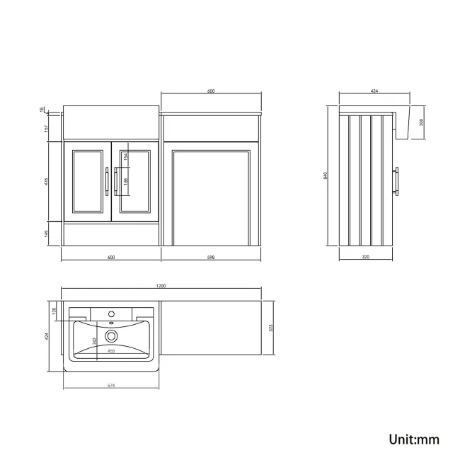 Monaco Graphite Grey Traditional Basin Vanity and Back To Wall Unit 1200mm (Excludes Pan & Cistern) - Brass Knurled Handles