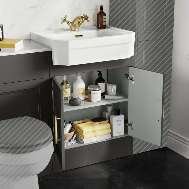 Monaco Graphite Grey Combination Vanity Traditional Basin with Marble Top 1200mm (Excludes Pan & Cistern) - Brass Knurled Handles