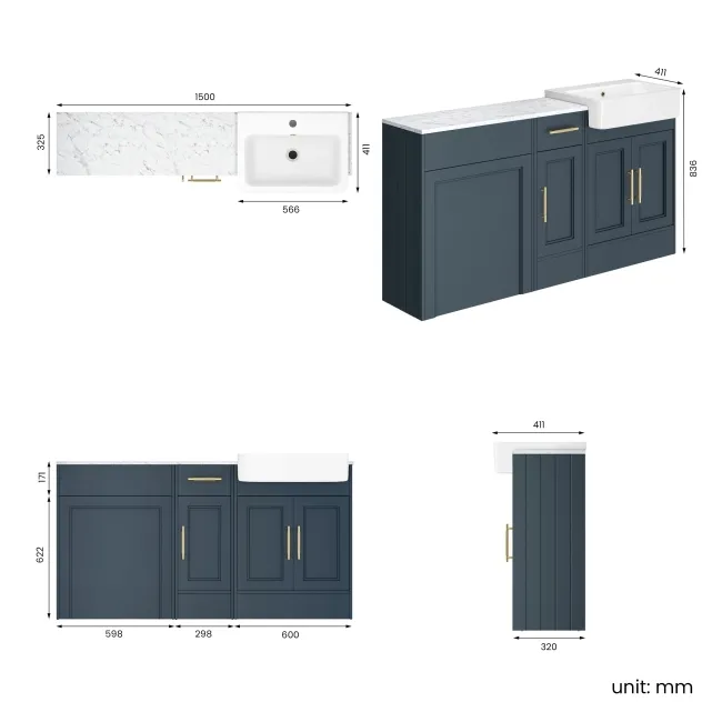 Monaco Inky Blue Combination Vanity Basin with Marble Top 1500mm (Excludes Pan & Cistern) - Brass Knurled Handles