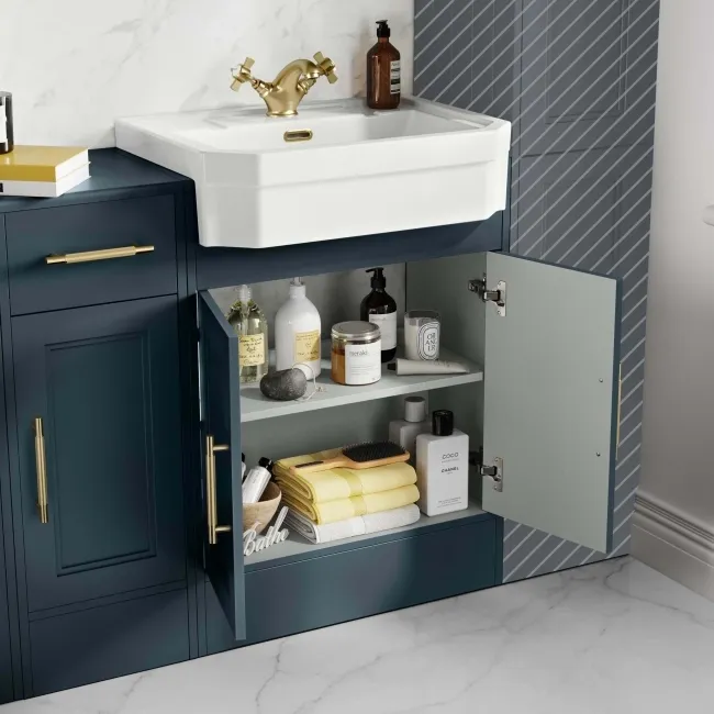 Monaco Inky Blue Traditional Basin Vanity and Back To Wall Unit 1500mm (Excludes Pan & Cistern) - Brass Knurled Handles