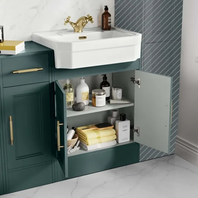 Monaco Midnight Green Traditional Basin Vanity and Back To Wall Unit 1500mm (Excludes Pan & Cistern) - Brass Knurled Handles