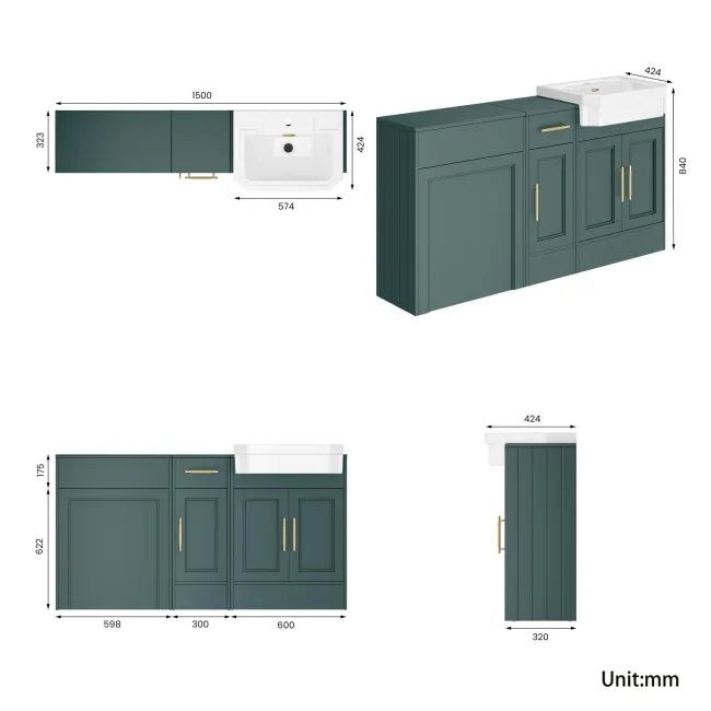 Monaco Midnight Green Traditional Basin Vanity and Back To Wall Unit 1500mm (Excludes Pan & Cistern) - Brass Knurled Handles