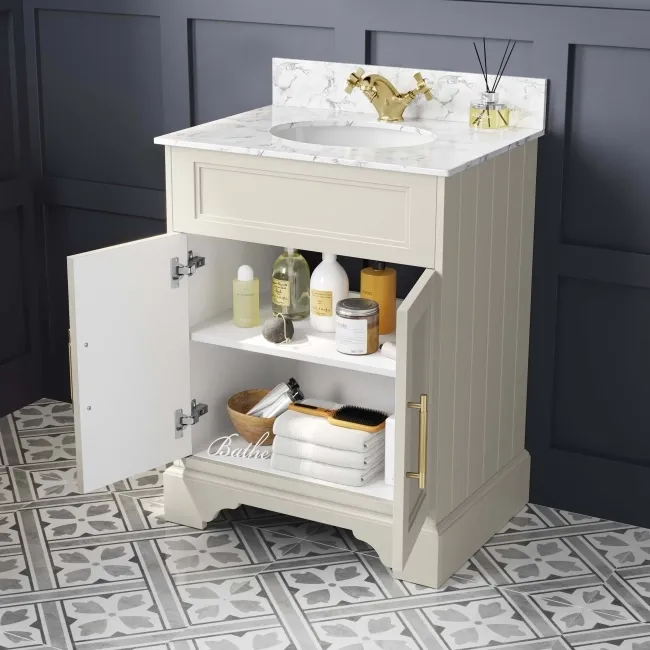 Lucia Chalk White Vanity with Marble Top & Undermount Basin 630mm - Brass Knurled Handles