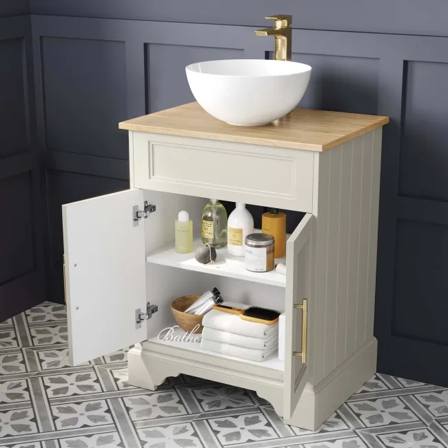 Lucia Chalk White Vanity with Oak Effect Top & Round Counter Top Basin 640mm - Brass Knurled Handles