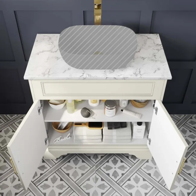 Lucia Chalk White Cabinet with Marble Top 840mm (Excludes Counter Top Basin) - Brass Knurled Handles