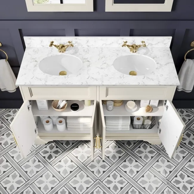 Lucia Chalk White Double Vanity with Marble Top & Undermount Basins 1200mm - Brass Knurled Handles