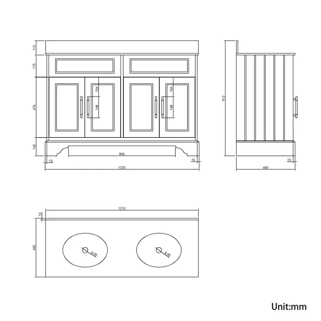 Lucia Chalk White Double Vanity with Marble Top & Undermount Basins 1200mm - Brass Knurled Handles