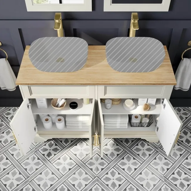 Lucia Chalk White Cabinet with Oak Effect Top 1200mm (Excludes Counter Top Basins) - Brass Knurled Handles