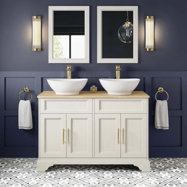 Lucia Chalk White Double Vanity with Oak Effect Top & Oval Counter Top Basin 1200mm - Brass Knurled Handles