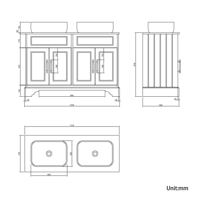 Lucia Chalk White Double Vanity with Oak Effect Top & Curved Counter Top Basin 1200mm - Brass Knurled Handles