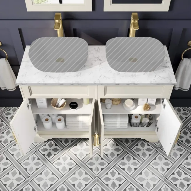 Lucia Chalk White Cabinet with Marble Top 1200mm (Excludes Counter Top Basins) - Brass Knurled Handles