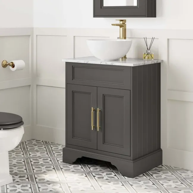 Lucia Graphite Grey Vanity with Marble Top & Round Counter Top Basin 640mm - Brass Knurled Handles