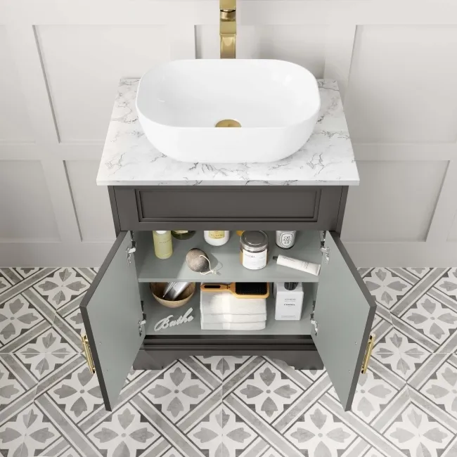 Lucia Graphite Grey Vanity with Marble Top & Curved Counter Top Basin 640mm - Brass Knurled Handles