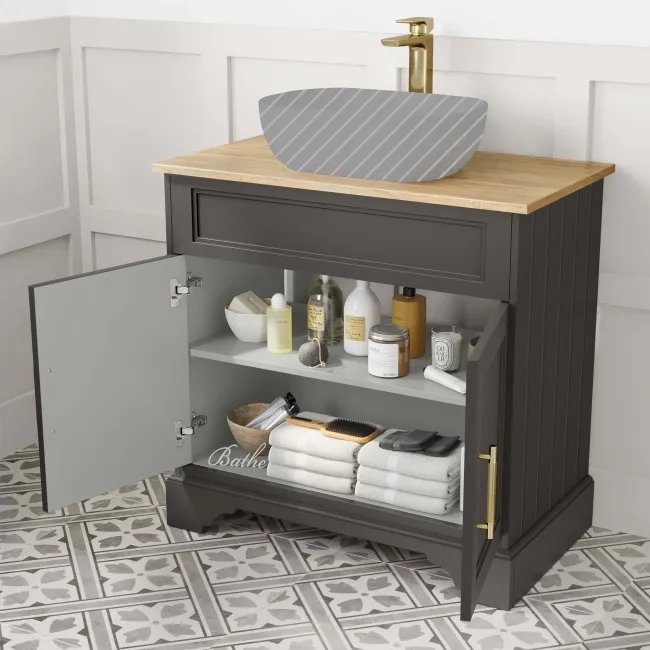 Lucia Graphite Grey Cabinet with Oak Effect Top 840mm (Excludes Counter Top Basin) - Brass Knurled Handles