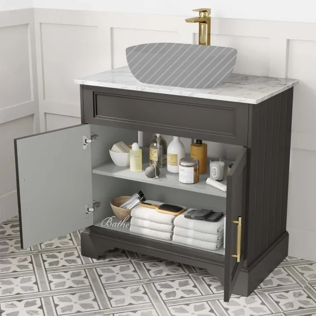 Lucia Graphite Grey Cabinet with Marble Top 840mm (Excludes Counter Top Basin) - Brass Knurled Handles