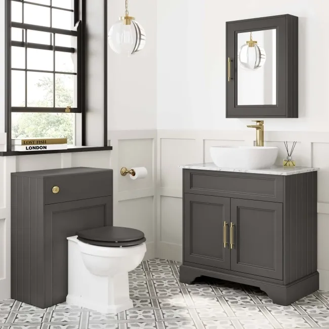 Lucia Graphite Grey Vanity with Marble Top & Curved Counter Top Basin 840mm - Brass Knurled Handles