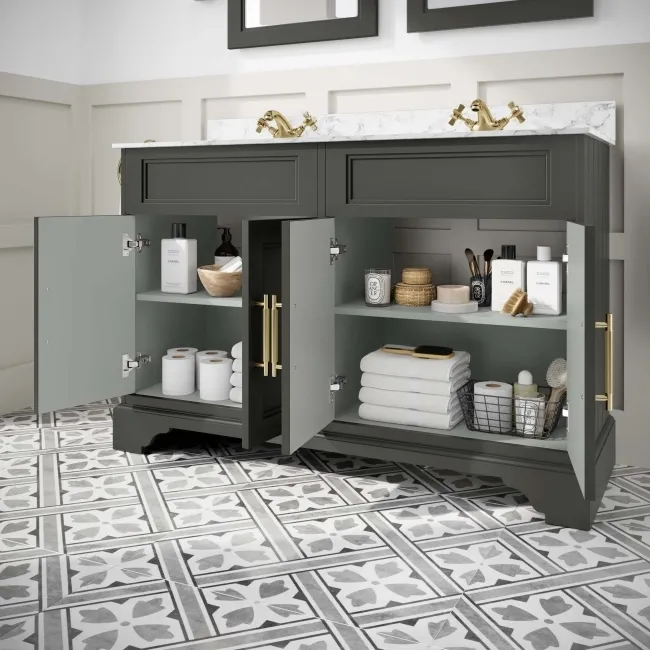 Lucia Graphite Grey Double Vanity with Marble Top & Undermount Basins 1200mm - Brass Knurled Handles