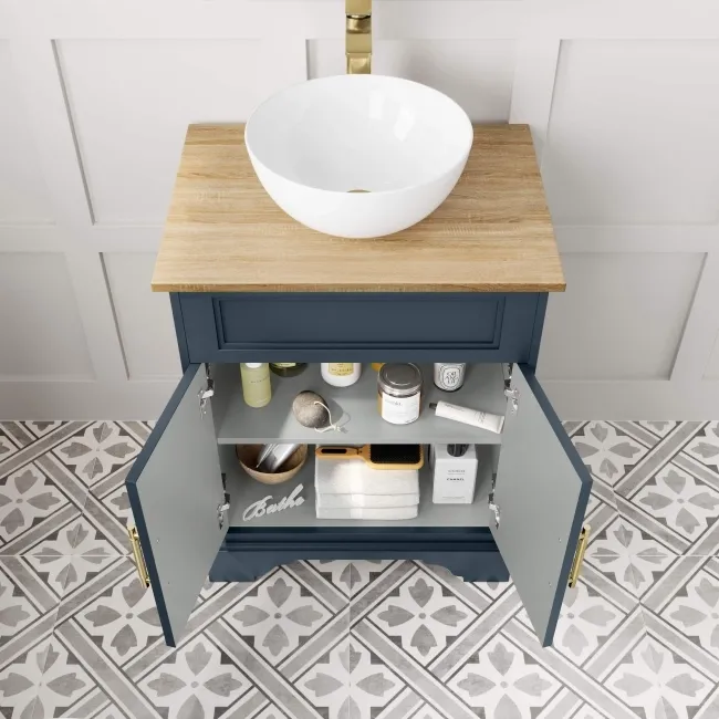 Lucia Inky Blue Vanity with Oak Effect Top & Round Counter Top Basin 640mm - Brass Knurled Handles