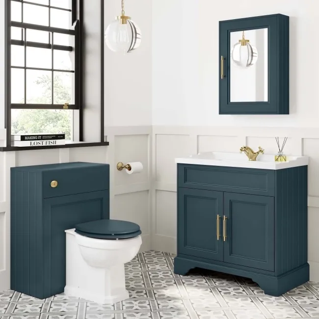 Lucia Inky Blue Basin Vanity 830mm - Brass Knurled Handles