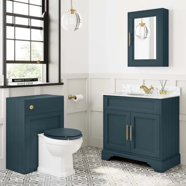 Lucia Inky Blue Vanity with Marble Top & Undermount Basin 830mm - Brass Knurled Handles