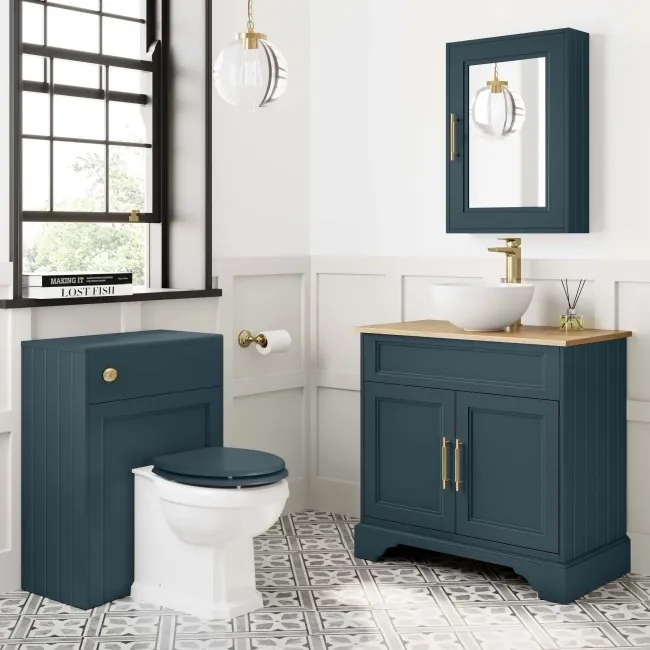 Lucia Inky Blue Vanity with Oak Effect Top & Round Counter Top Basin 840mm - Brass Knurled Handles