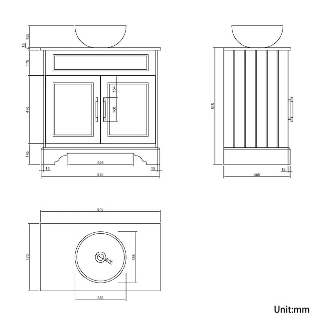 Lucia Inky Blue Vanity with Oak Effect Top & Round Counter Top Basin 840mm - Brass Knurled Handles