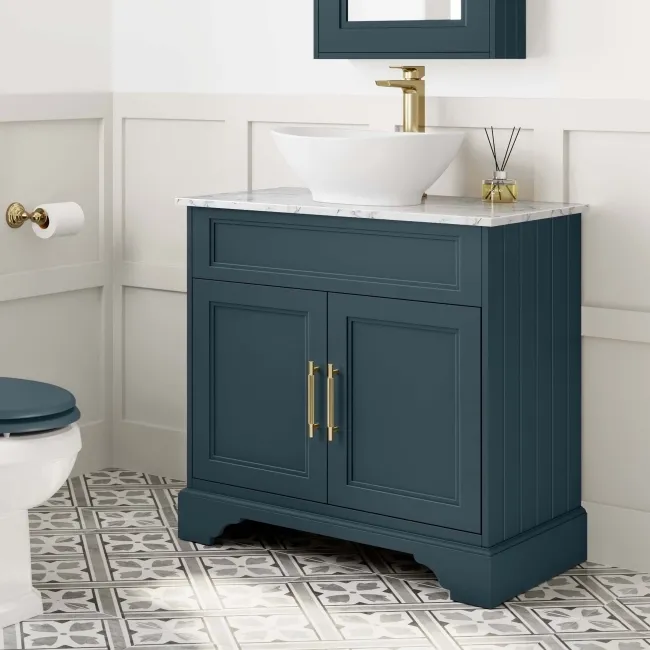 Lucia Inky Blue Vanity with Marble Top & Oval Counter Top Basin 840mm - Brass Knurled Handles