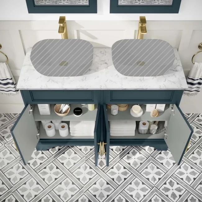 Lucia Inky Blue Cabinet with Marble Top 1200mm (Excludes Counter Top Basins) - Brass Knurled Handles