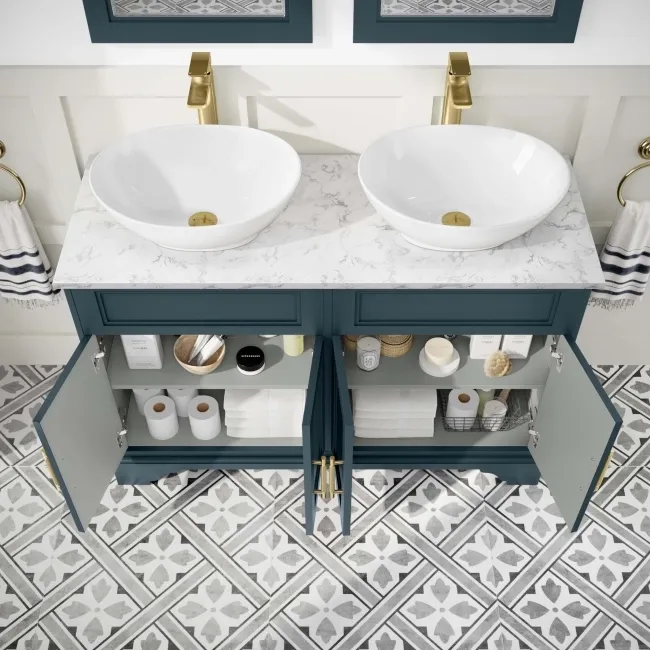 Lucia Inky Blue Double Vanity with Marble Top & Oval Counter Top Basin 1200mm - Brass Knurled Handles