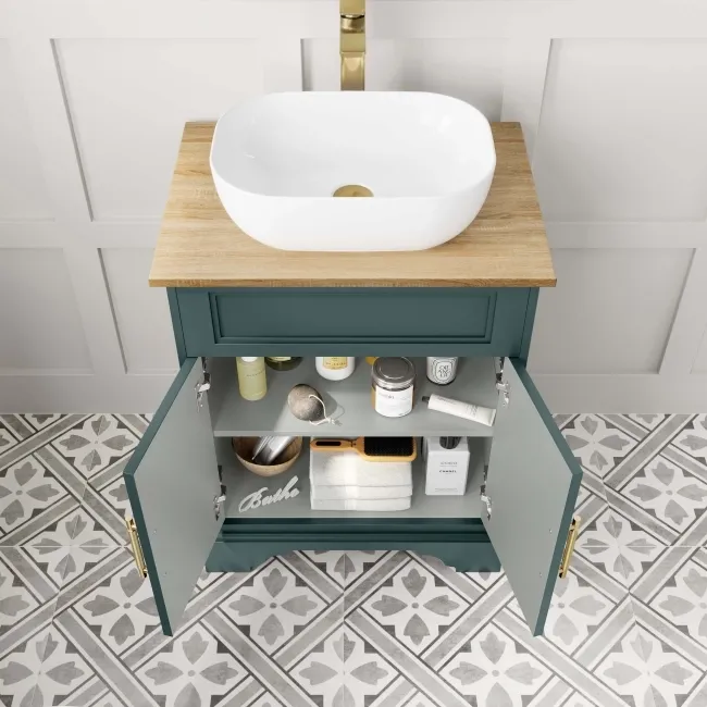 Lucia Midnight Green Vanity with Oak Effect Top & Curved Counter Top Basin 640mm - Brass Knurled Handles