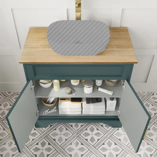 Lucia Midnight Green Cabinet with Oak Effect Top 840mm (Excludes Counter Top Basin) - Brass Knurled Handles